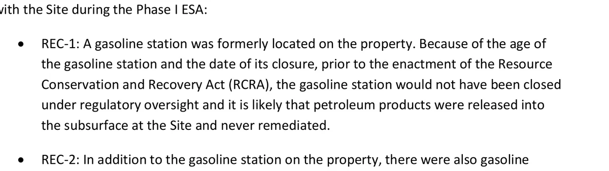 Page 9 of the Phase I ESA, with the REC-1 paragraph boxed: a gasoline station was formerly located on the property and it is likely that petroleum products were released into the subsurface and never remediated.